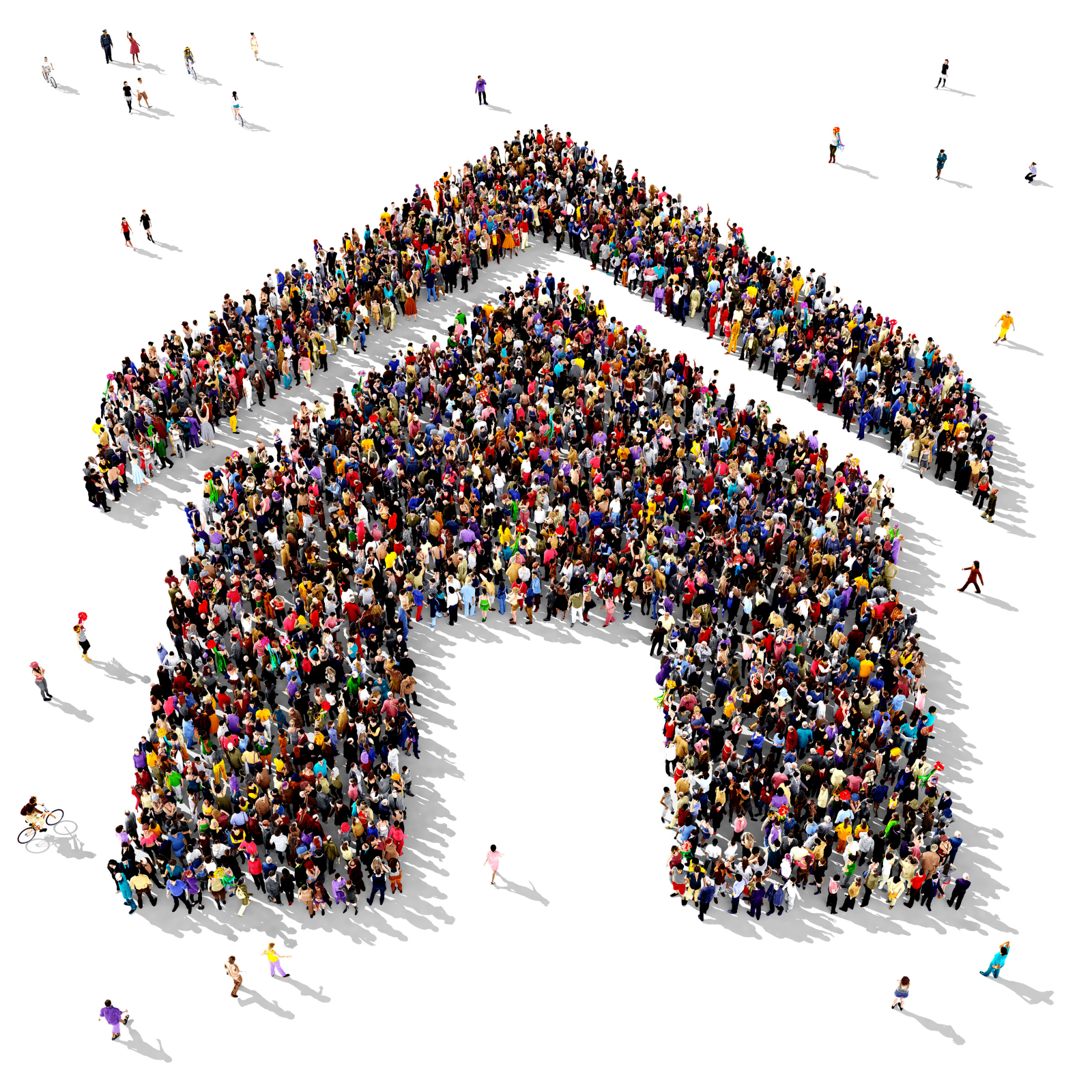 People Forming a House Shape – About Sincron HR Crowd of people standing together to form the shape of a house, seen from above