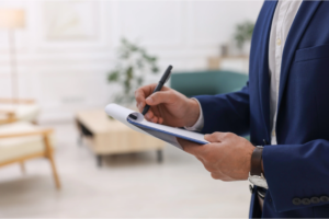 Writing Notes on a Clipboard – Sincron HR Person in a navy suit writing on a clipboard with a black pen, in a bright room with a sofa and plant in the background