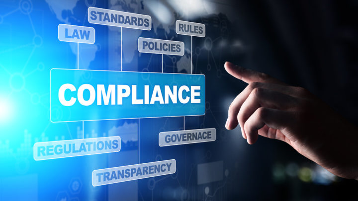 Finger touching a virtual screen showing the word "Compliance" linked to Law, Standards, Rules, Policies, Regulations, Transparency, and Governance