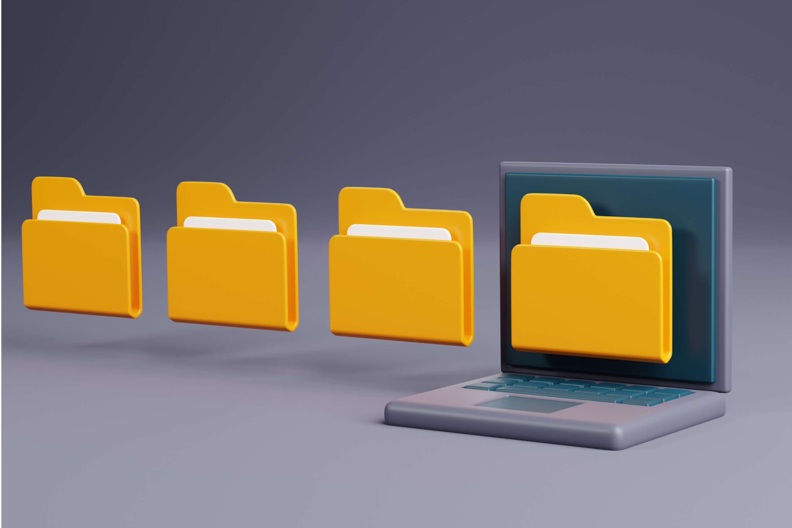 3D illustration of yellow file folders lined up and moving into a laptop screen