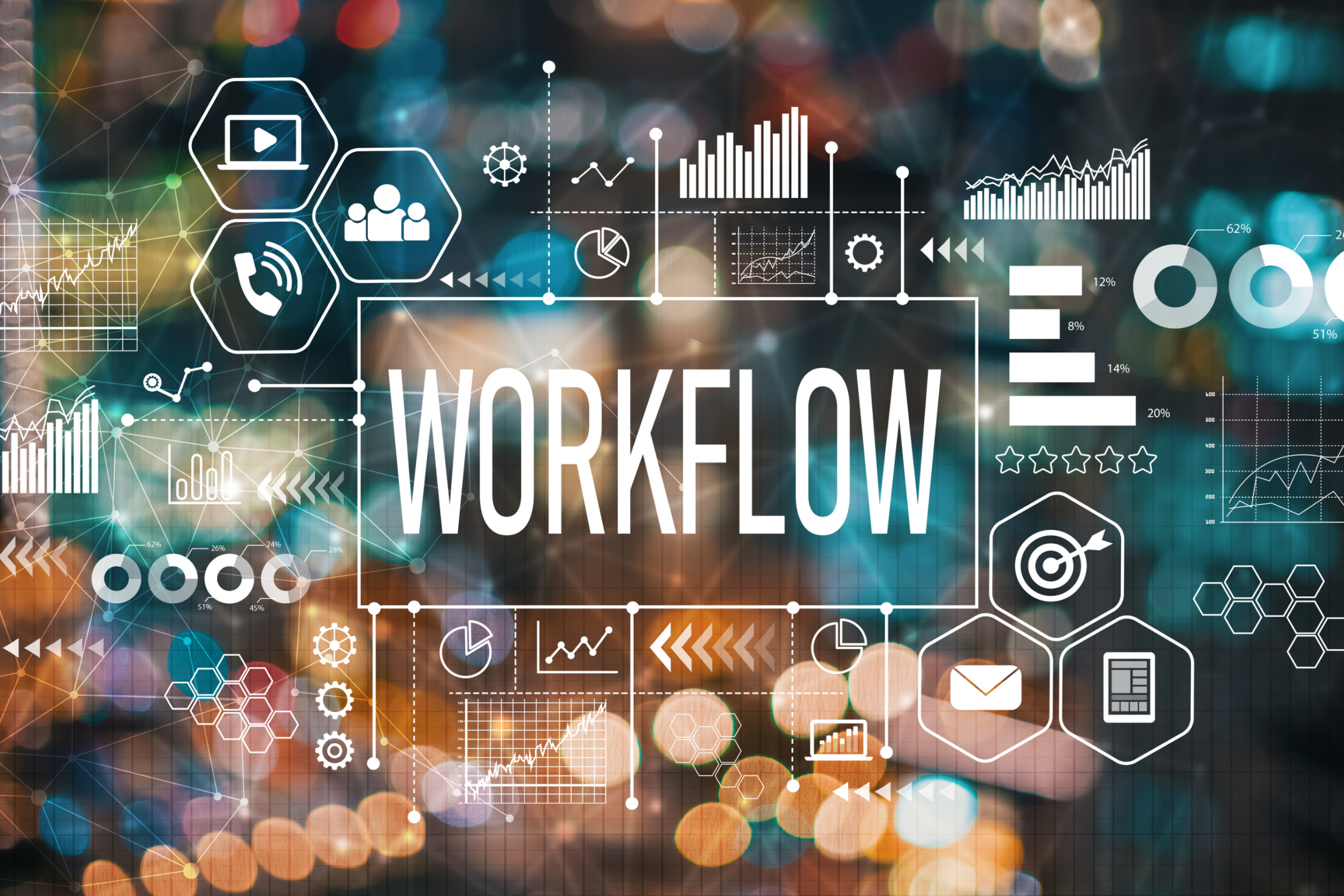 The word "WORKFLOW" surrounded by connected business icons, charts, and graphs over a blurred colourful background