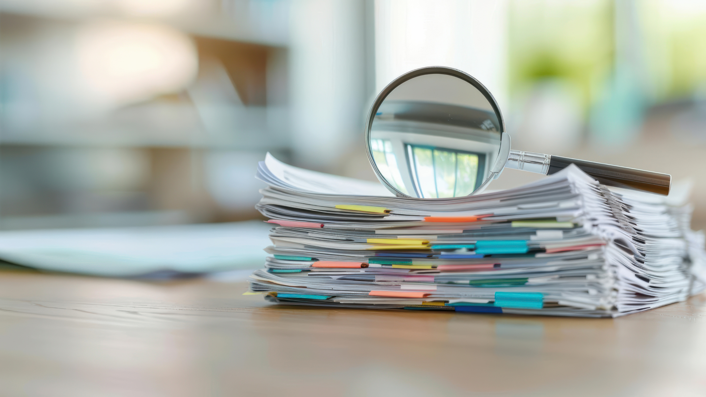 Glass Sphere on Stacked Files – Sincron HR Audit Glass sphere resting on a stack of paper files and documents