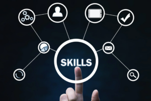 Skills Network Graphic – Sincron HR Skills Tracking Finger pressing a glowing "SKILLS" circle at the centre of a network of icons for gears, a person, a tablet, a checkmark, email, analytics, sync, and search