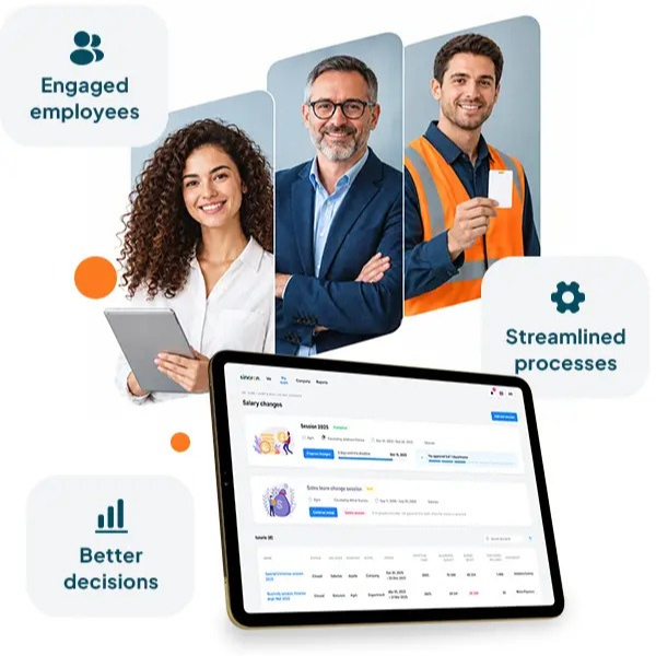 Sincron HR Pro on a tablet with HR, leadership and operations staff