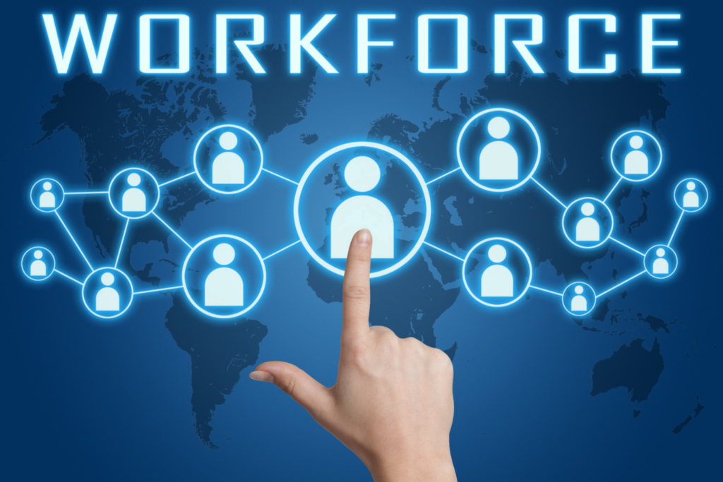 Global Workforce Network – Sincron HR Hand pointing at a glowing network of connected person icons over a blue world map, labelled "WORKFORCE"